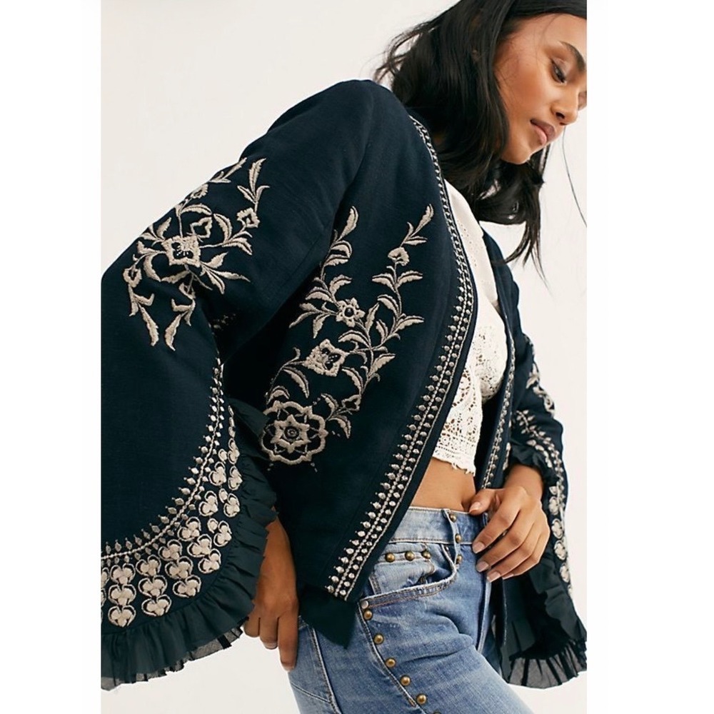 Free‎ People Paisley Park Bell Sleeve Open Ruffle Jacket Embroider Linen Blend S